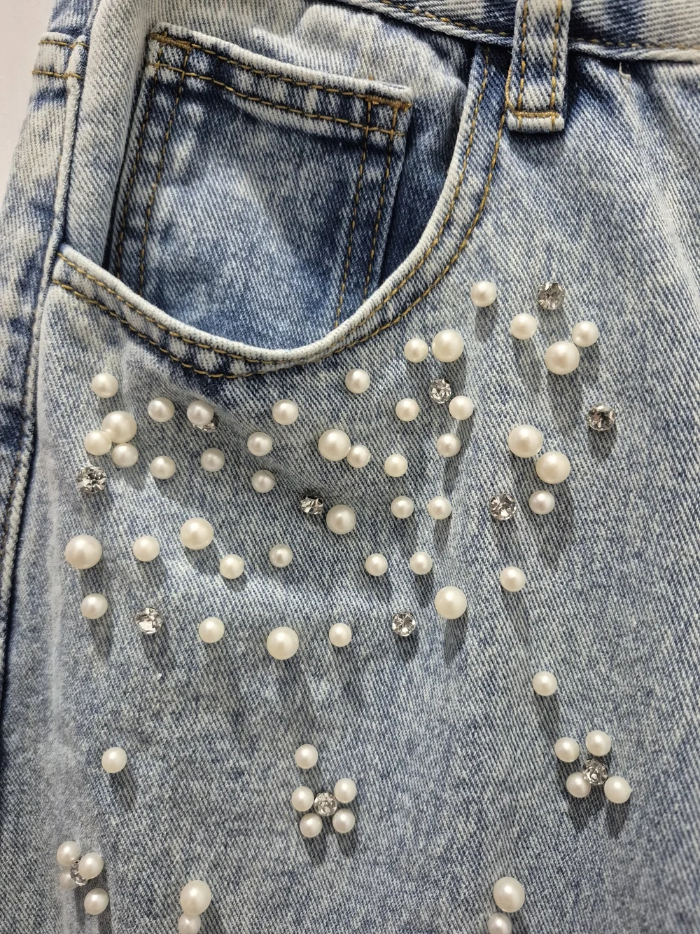 Light Blue Pearl And Rhinestone Studded Barrel Wide-Leg Jeans New Without Tags